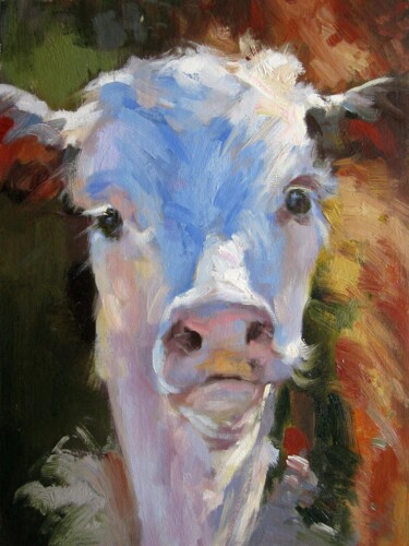 Malerei mit dem Titel "Cow 511" von James Shang, Original-Kunstwerk, Öl Auf Keilrahmen aus Holz montiert