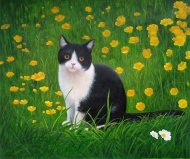 Painting titled "Portrait pet cat 001" by James Shang, Original Artwork, Oil Mounted on Wood Stretcher frame