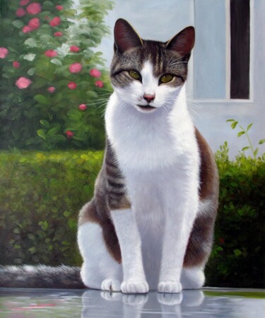 Peinture intitulée "Portrait pet cat 007" par James Shang, Œuvre d'art originale, Huile Monté sur Châssis en bois