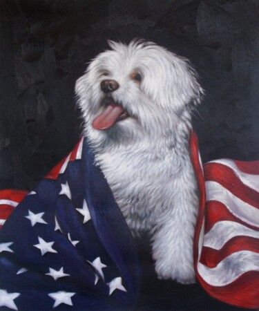 Painting titled "Portrait pet Dog 006" by James Shang, Original Artwork, Oil Mounted on Wood Stretcher frame