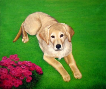 Painting titled "Portrait pet Dog 007" by James Shang, Original Artwork, Oil Mounted on Wood Stretcher frame