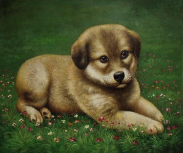 Painting titled "Portrait pet Dog 008" by James Shang, Original Artwork, Oil Mounted on Wood Stretcher frame