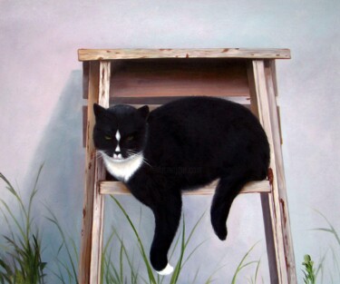 Painting titled "Portrait pet cat 011" by James Shang, Original Artwork, Oil Mounted on Wood Stretcher frame