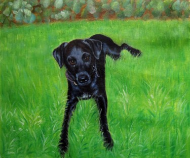 Painting titled "Portrait pet dog 012" by James Shang, Original Artwork, Oil Mounted on Wood Stretcher frame