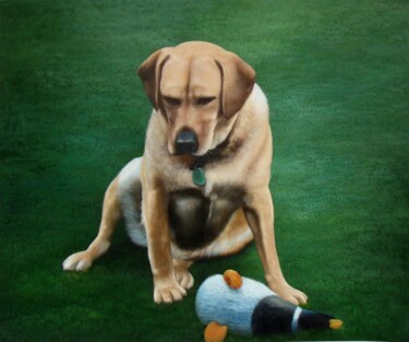 Painting titled "Portrait pet dog 017" by James Shang, Original Artwork, Oil Mounted on Wood Stretcher frame