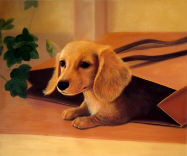 Pintura intitulada "Portrait pet dog 019" por James Shang, Obras de arte originais, Óleo Montado em Armação em madeira