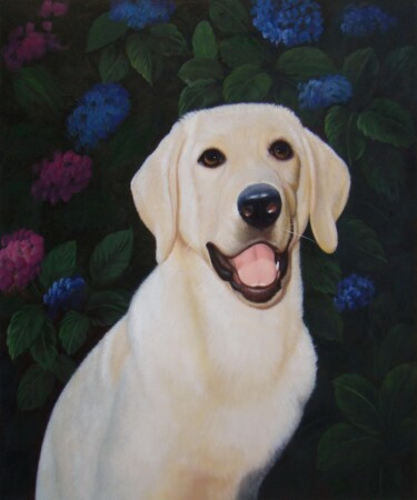 Pintura intitulada "Portrait pet dog 020" por James Shang, Obras de arte originais, Óleo Montado em Armação em madeira