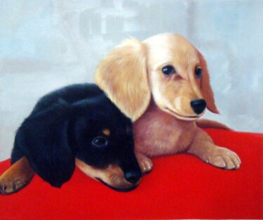 Painting titled "Portrait pet dog 021" by James Shang, Original Artwork, Oil Mounted on Wood Stretcher frame