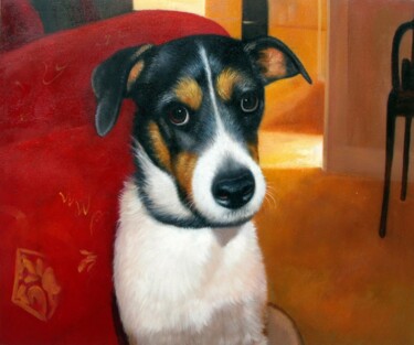 Painting titled "Portrait pet dog 022" by James Shang, Original Artwork, Oil Mounted on Wood Stretcher frame