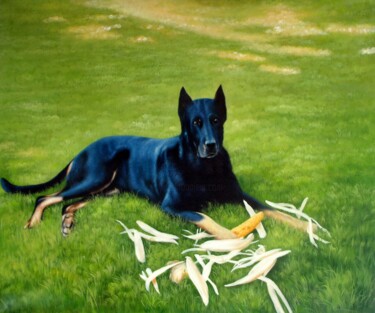 Painting titled "Portrait pet dog 023" by James Shang, Original Artwork, Oil Mounted on Wood Stretcher frame