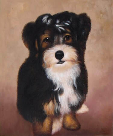 Painting titled "Portrait pet dog 025" by James Shang, Original Artwork, Oil Mounted on Wood Stretcher frame