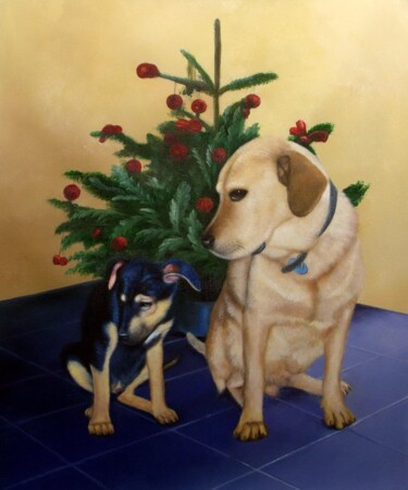 Painting titled "Portrait pet dog 026" by James Shang, Original Artwork, Oil Mounted on Wood Stretcher frame