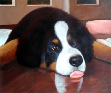 Painting titled "Portrait pet dog 029" by James Shang, Original Artwork, Oil Mounted on Wood Stretcher frame