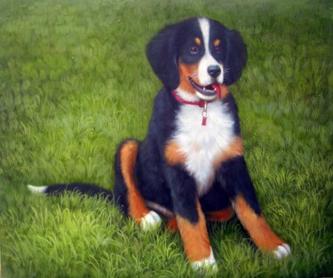 Painting titled "Portrait pet dog 030" by James Shang, Original Artwork, Oil Mounted on Wood Stretcher frame