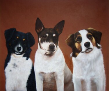 Painting titled "Portrait pet dog 032" by James Shang, Original Artwork, Oil Mounted on Wood Stretcher frame