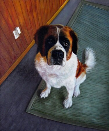 Painting titled "Portrait pet dog 034" by James Shang, Original Artwork, Oil Mounted on Wood Stretcher frame