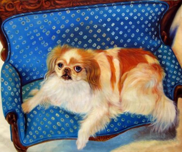 Painting titled "Portrait pet dog 038" by James Shang, Original Artwork, Oil Mounted on Wood Stretcher frame