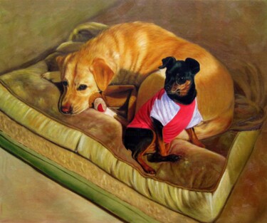 Painting titled "Portrait pet dog 039" by James Shang, Original Artwork, Oil Mounted on Wood Stretcher frame