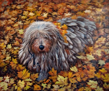 Painting titled "Portrait pet dog 042" by James Shang, Original Artwork, Oil Mounted on Wood Stretcher frame