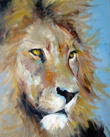 Peinture intitulée "Lion 001" par James Shang, Œuvre d'art originale, Huile Monté sur Carton