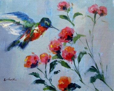 Painting titled "Hummingbird 402" by James Shang, Original Artwork, Oil Mounted on Wood Stretcher frame