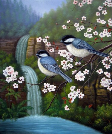 Pittura intitolato "Bird 006" da James Shang, Opera d'arte originale, Olio Montato su Telaio per barella in legno