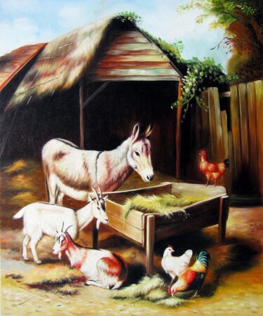 Painting titled "Farm animal 001" by James Shang, Original Artwork, Oil Mounted on Wood Stretcher frame