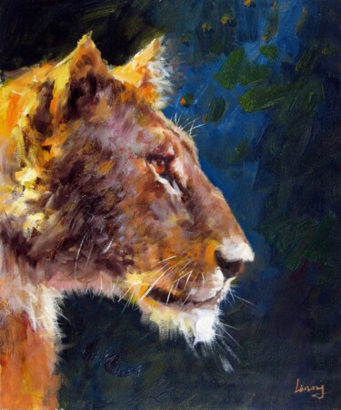 Painting titled "Lion 401" by James Shang, Original Artwork, Oil Mounted on Wood Stretcher frame
