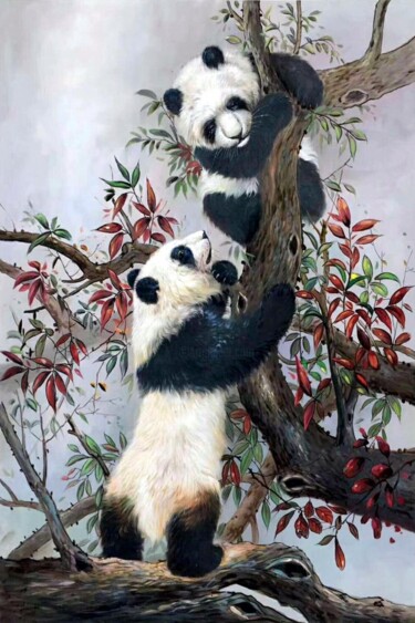 Painting titled "Panda 001D" by James Shang, Original Artwork, Oil Mounted on Wood Stretcher frame