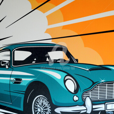 Schilderij getiteld "Green Aston Martin…" door Jamie Lee, Origineel Kunstwerk, Acryl Gemonteerd op Frame voor houten brancard