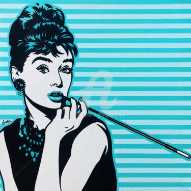 Painting titled "Audrey Hepburn on T…" by Jamie Lee, Original Artwork, Acrylic Mounted on Wood Stretcher frame
