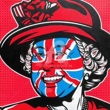 Schilderij getiteld "Queen Elizabeth" door Jamie Lee, Origineel Kunstwerk, Acryl Gemonteerd op Frame voor houten brancard