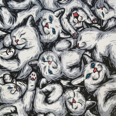 Painting titled "White Cats" by Jamie Lee, Original Artwork, Acrylic Mounted on Wood Stretcher frame