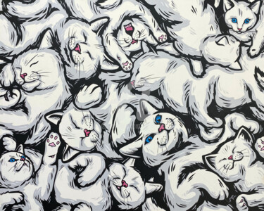 Schilderij getiteld "White Kitties" door Jamie Lee, Origineel Kunstwerk, Acryl Gemonteerd op Frame voor houten brancard