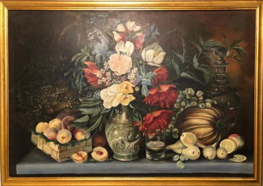 Painting titled "Foxes on a Vase, Fl…" by Jan Chrucki, Original Artwork, Oil