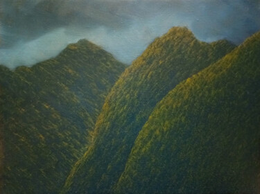 Painting titled "Mountainscape VI" by Jan De Vleeschauwer, Original Artwork, Oil Mounted on Wood Stretcher frame