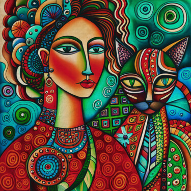 Painting titled "The cat lady" by Jan Keteleer, Original Artwork, Acrylic Mounted on Other rigid panel