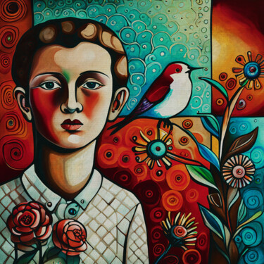 Painting titled "The boy with the bi…" by Jan Keteleer, Original Artwork, Acrylic Mounted on Other rigid panel