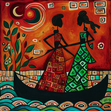 Картина под названием "African girls go fi…" - Jan Keteleer, Подлинное произведение искусства, Акрил