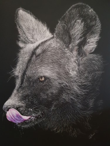 Dibujo titulada "African Paint - Wolf" por Jan Lowe, Obra de arte original, Tinta Montado en Panel de madera