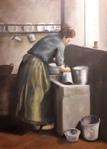 Schilderij getiteld "woman does the dish…" door Jan Marien, Origineel Kunstwerk, Olie