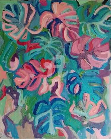Painting titled "Miami Monstera" by Jan O'Sullivan, Original Artwork, Acrylic Mounted on Wood Stretcher frame