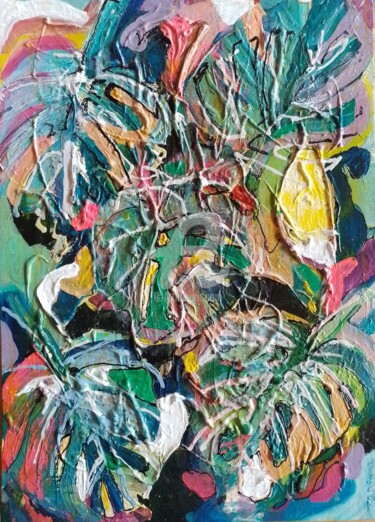 Schilderij getiteld "Monstera Mash #3" door Jan O'Sullivan, Origineel Kunstwerk, Acryl Gemonteerd op Frame voor houten branc…