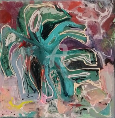 Malerei mit dem Titel "Monstera Mash #9" von Jan O'Sullivan, Original-Kunstwerk, Acryl Auf Keilrahmen aus Holz montiert