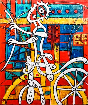Painting titled "Cyclist" by Jan Pevný, Original Artwork, Acrylic Mounted on Wood Stretcher frame