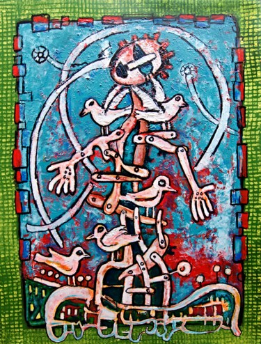 Картина под названием "Birds and man" - Jan Pevný, Подлинное произведение искусства, Акрил Установлен на Деревянная рама для…