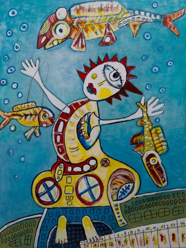 Painting titled "Crazy fisherman" by Jan Pevný, Original Artwork, Acrylic Mounted on Wood Stretcher frame