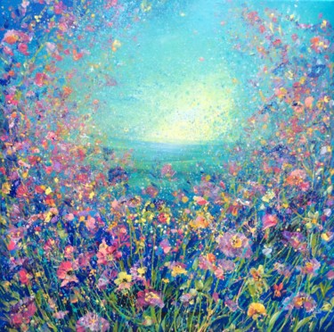 Pittura intitolato "Teal Flower Meadow" da Jan Rogers, Opera d'arte originale, Acrilico