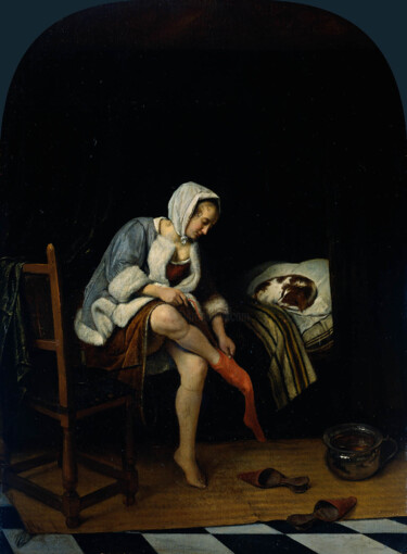 Schilderij getiteld "Femme à sa toilette" door Jan Steen, Origineel Kunstwerk, Olie