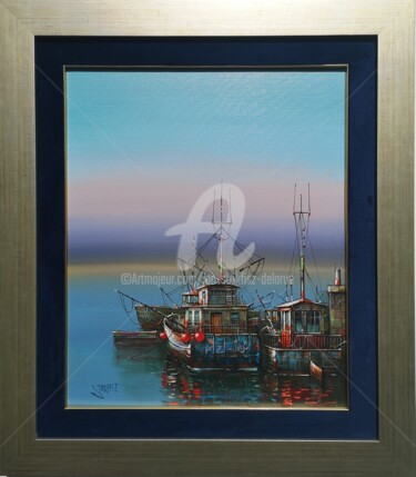 Schilderij getiteld "Fishing Boats" door Jan Stokfisz Delarue, Origineel Kunstwerk, Acryl Gemonteerd op Frame voor houten br…